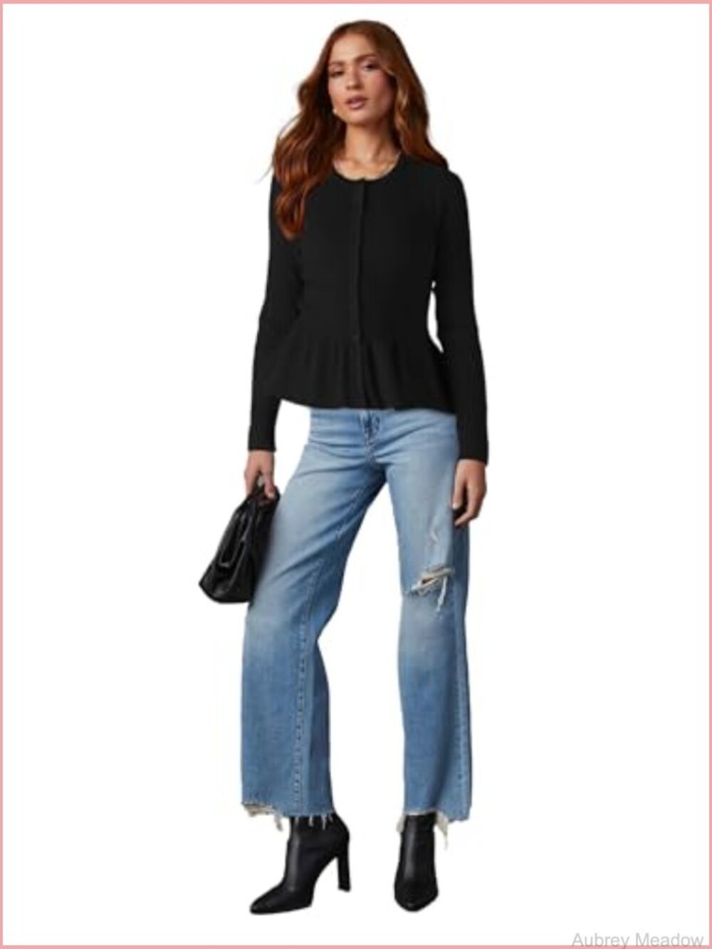 Long Sleeve Cardigan Peplum Sweater Crew Neck Button Tops Knit Ribbed Elegant - Picture 6 of 7